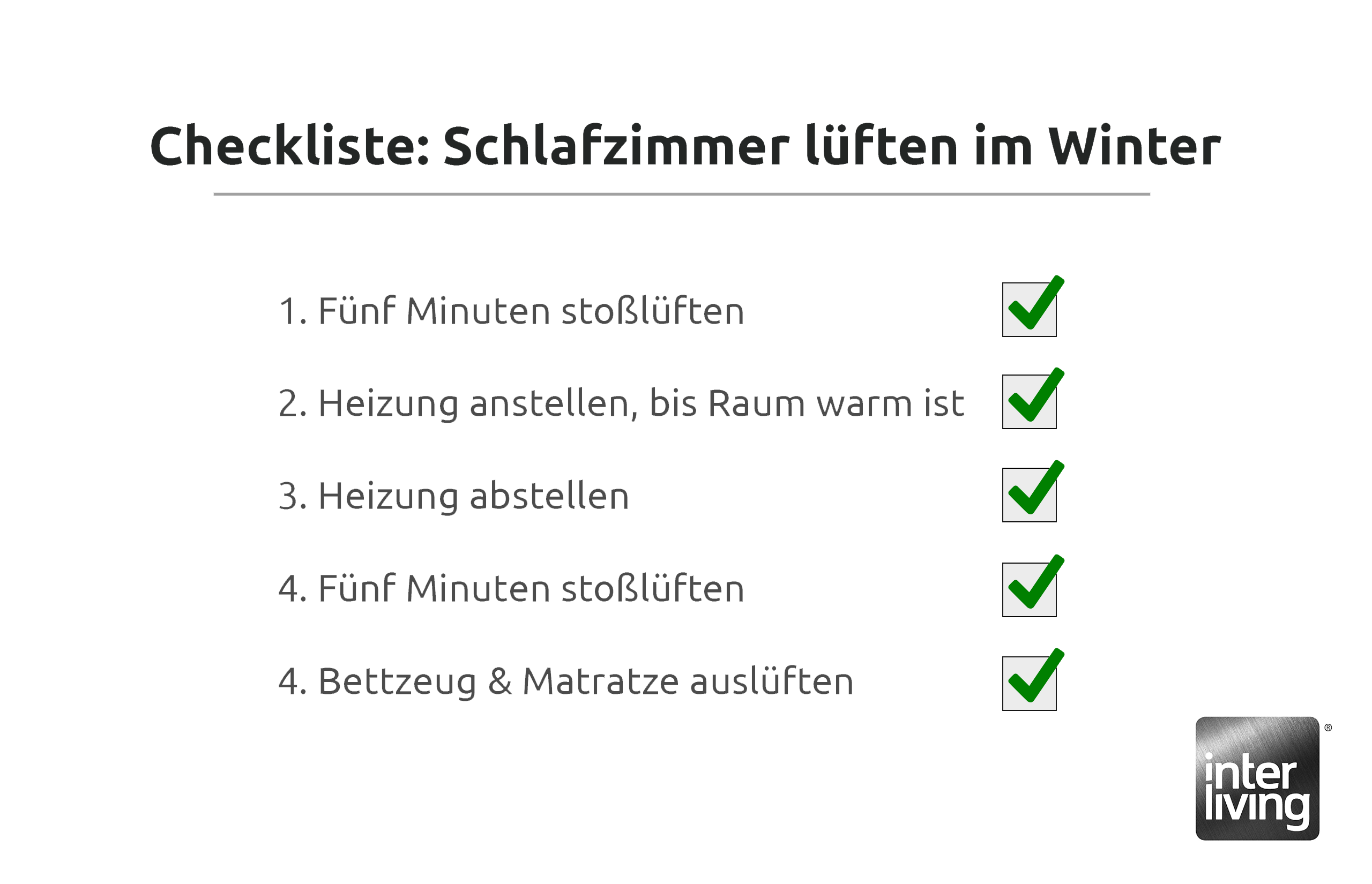 Checkliste zur Schlafzimmerlüftung mit vier Stichpunkten 