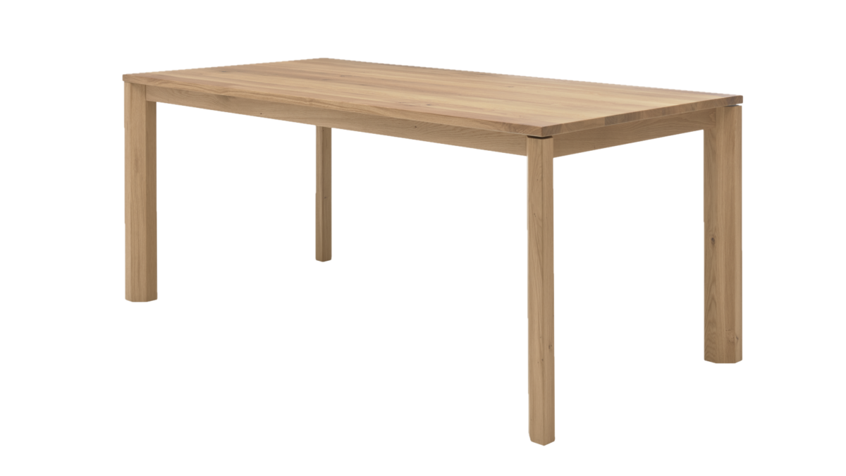 Tisch der Interliving Esszimmer Serie 5102 - Eiche bianco massiv, diagonaler Fuß, schräg stehende Füße, massiv, mit Zargenblende Holz, Front-Slide-Auszug mit 1 Falteinlage 100 cm, 180(280) x 90 cm